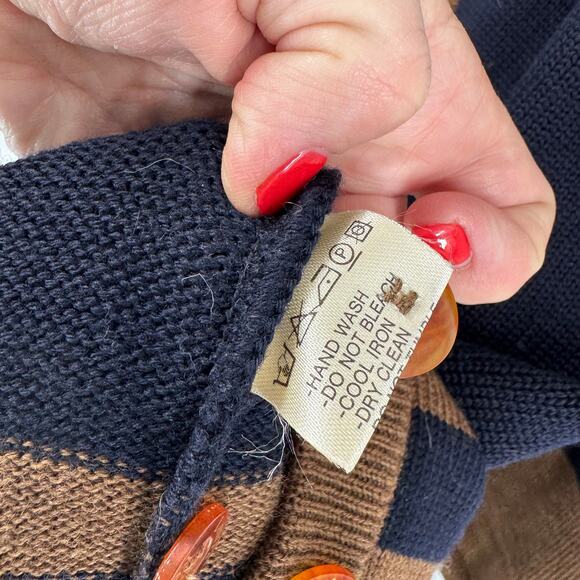 Louis Feraud Navy Blue Brown 100% Wool Button Down Long Line Cardigan Size US 12 - Picture 8 of 10